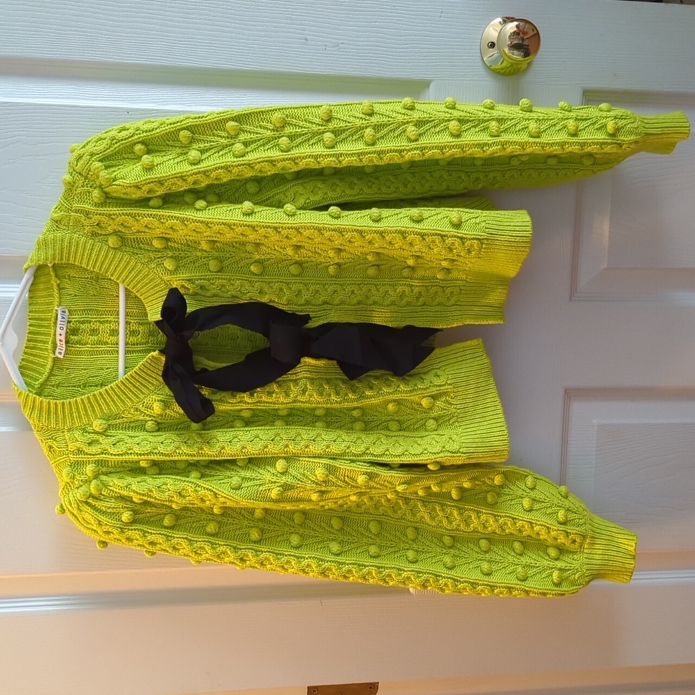 Alice + Olivia Neon Green Bow Kitty Sweater Cardigan